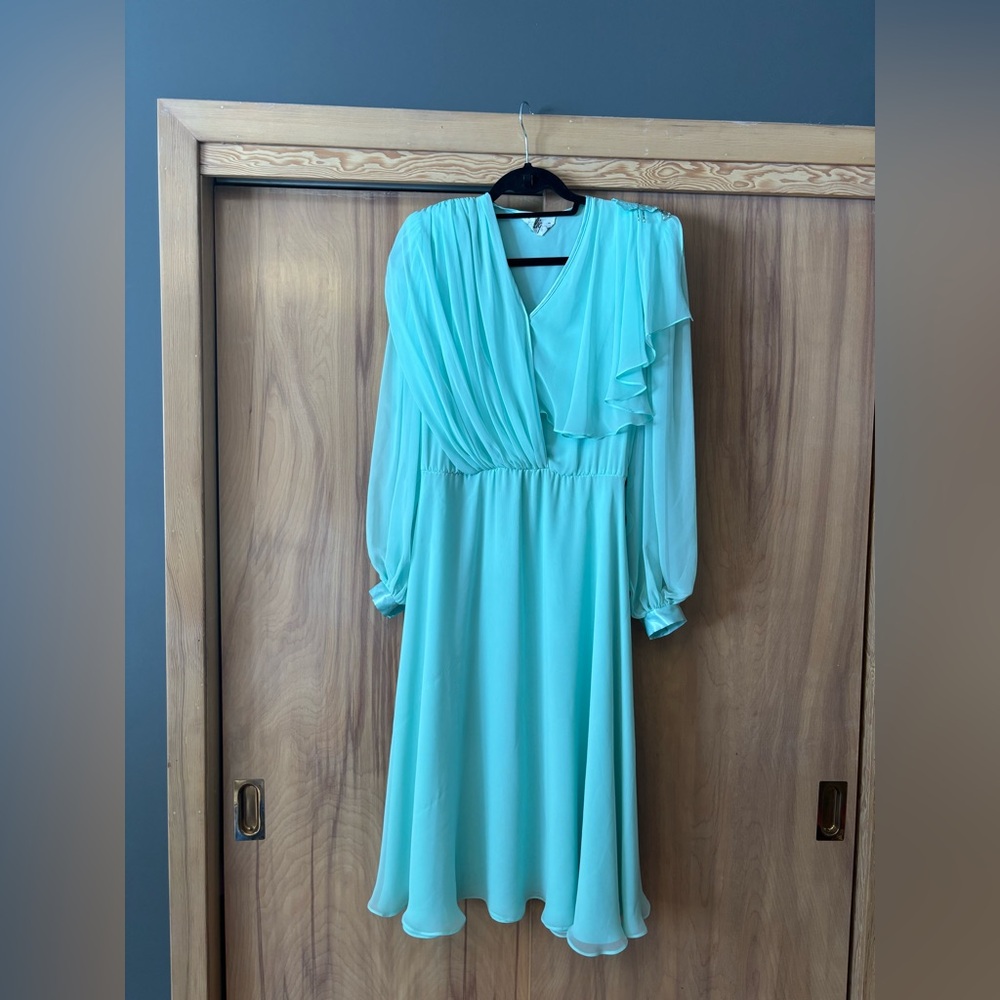 Elegant Aqua Dress, Vintage chiffon dress teal maxi dress, 70’s retro mint green
